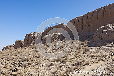 Ruins of fortress Ayaz Kala â€œIce Fortressâ€ ancient Khorezm, in the Kyzylkum desert in Uzbekistan Stock Photo